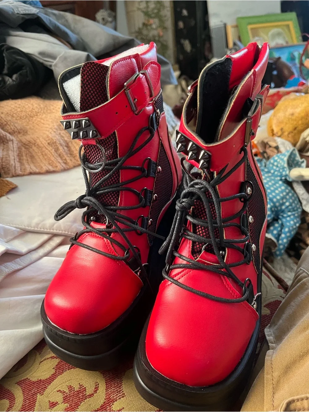 Red Studded Platform Combat Boots - Women - Picture 1 of 5